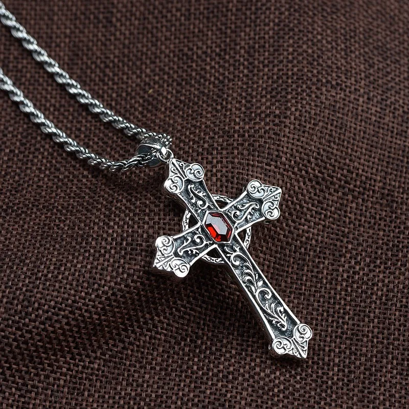 AMDXD Jewelry Necklace for Men 925 Silver Polished Cross Pendant with Virgn Mary Punk Necklace for Men 